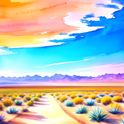 painting of a desert landscape with a road and mountains in the distance