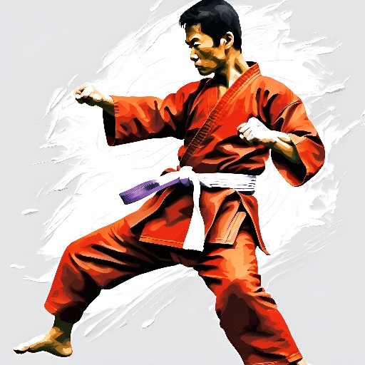 painting of a man in a red karate outfit doing a kick