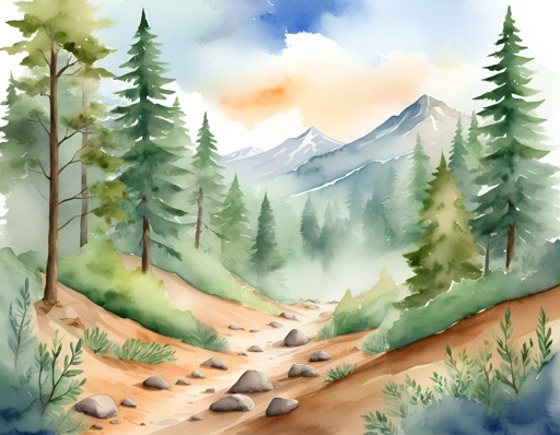 a painting of a mountain scene with a dirt road