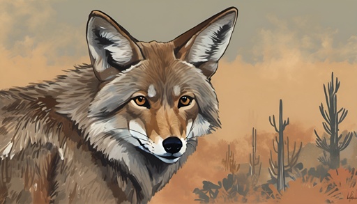 painting of a coyote in a desert area with a sky background