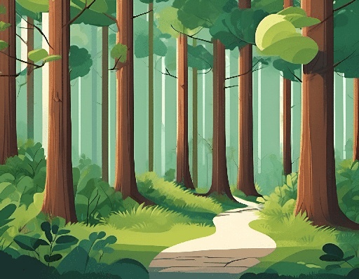 a cartoon illustration of a path in a forest with trees