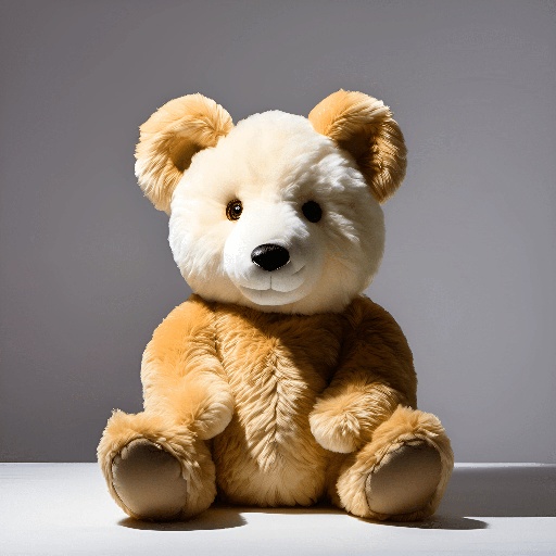 a teddy bear sitting on a table with a white background