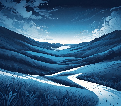 illustration of a winding road in a mountain valley at night