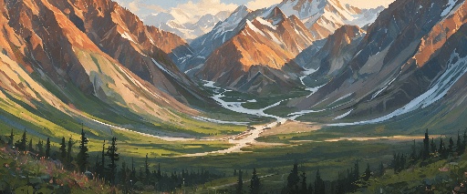 painting of a mountain valley with a river running through it