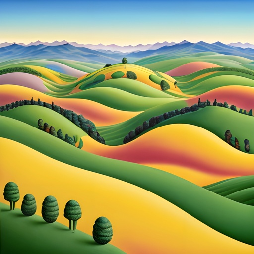 a painting of a hilly landscape with trees and hills