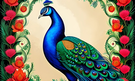 peacock with colorful feathers and flowers in a frame with a beige background