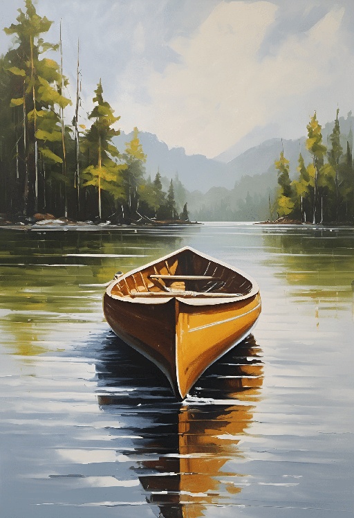 painting of a boat in the water with trees in the background