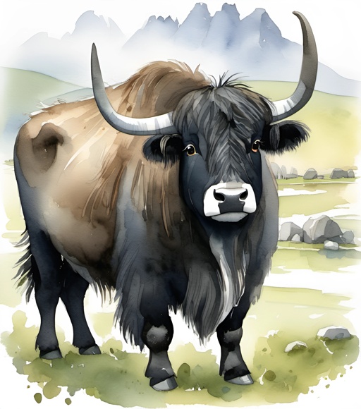 a painting of a cow with horns standing in a field