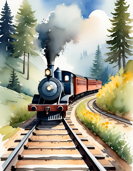 a painting of a train traveling down the tracks