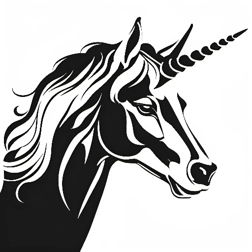 a close up of a black and white unicorn head with a long mane
