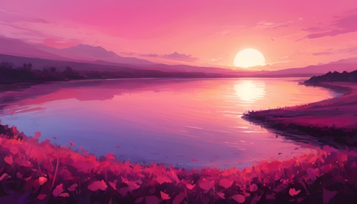 painting of a sunset over a lake with flowers in the foreground