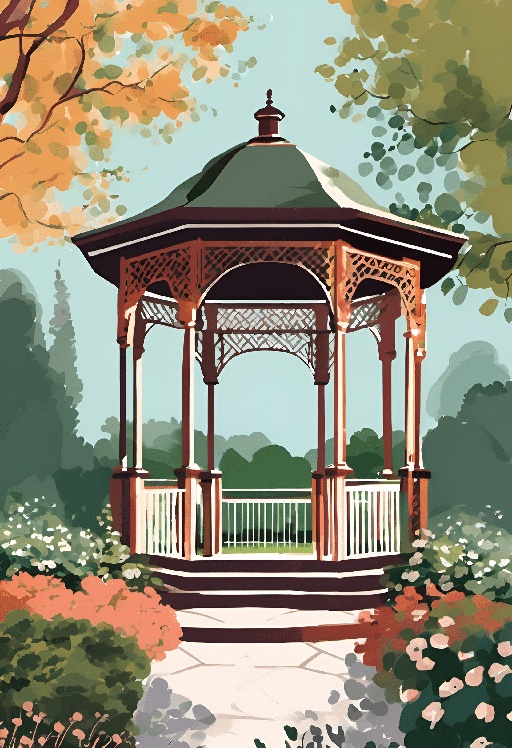 a gazebo in the middle of a park with flowers