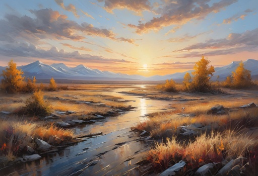 painting of a river running through a dry grass covered field