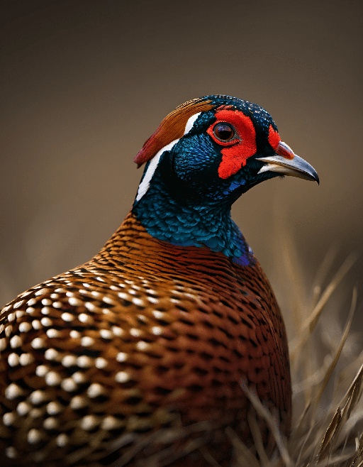 with a red head and blue body and white dots on its chest