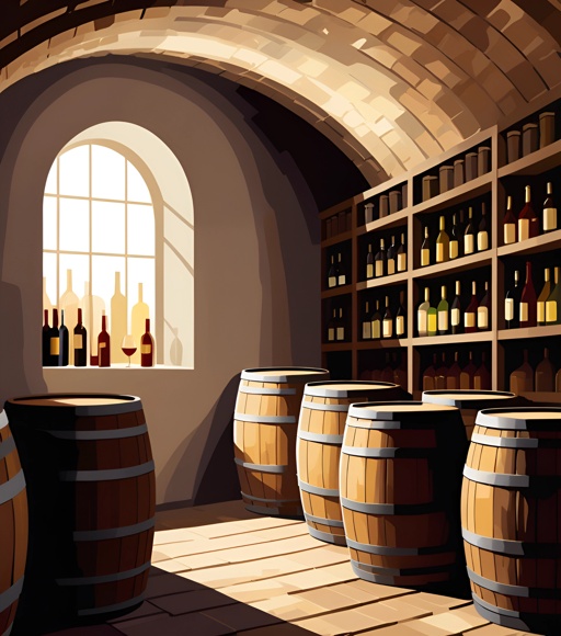 there are many wine bottles and barrels in a wine cellar