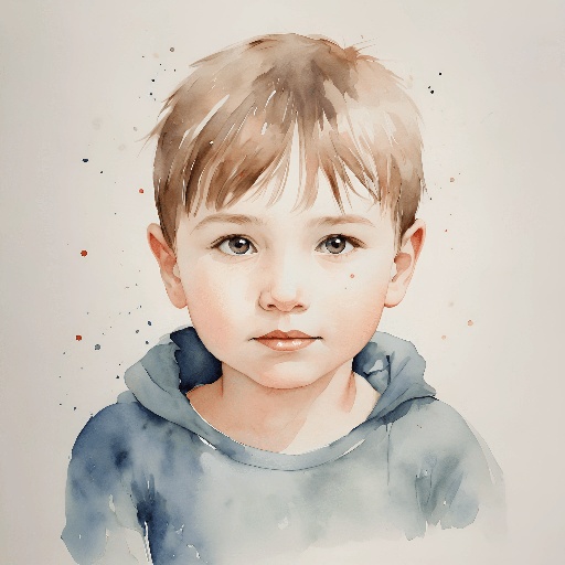 a painting of a young boy with a blue hoodie