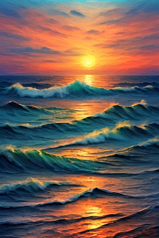 painting of a sunset over the ocean with waves