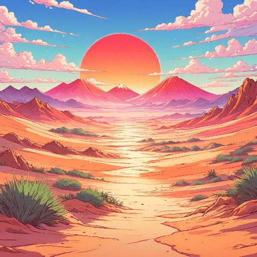 a cartoon desert scene with a sunset and mountains in the background