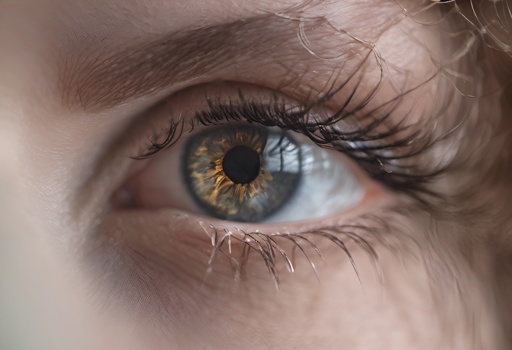 a close up of a person's eye with a brown iris