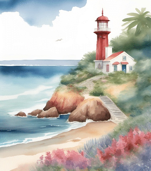 painting of a lighthouse on a rocky beach with a blue sky