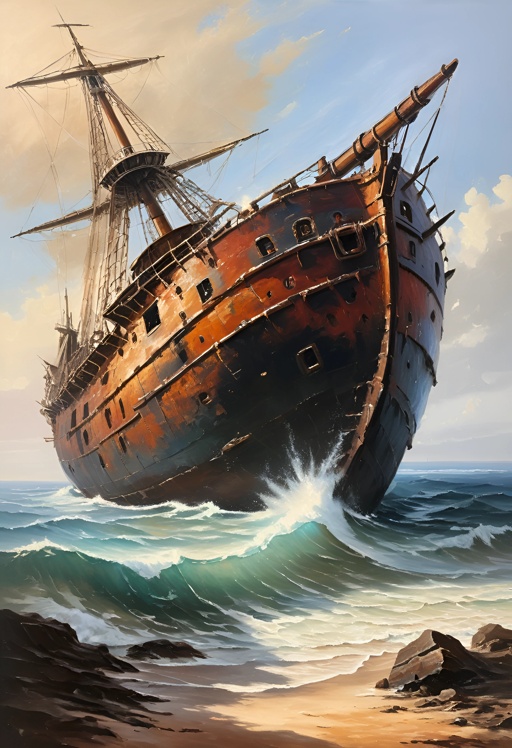 painting of a ship in the ocean with waves crashing