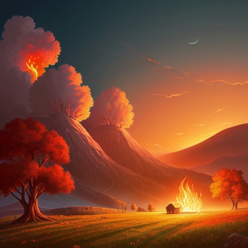 a painting of a landscape with a mountain and a fire