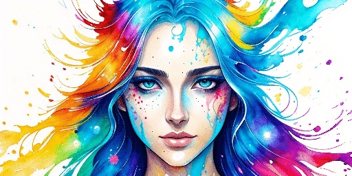 a painting of a woman with blue hair and colorful paint