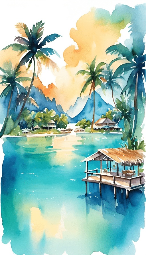 painting of a tropical island with a dock and palm trees
