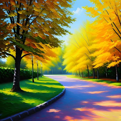painting of a road with trees and a bench in the middle
