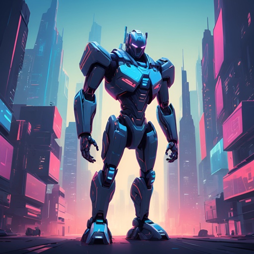 futuristic robot standing in a city with a futuristic background