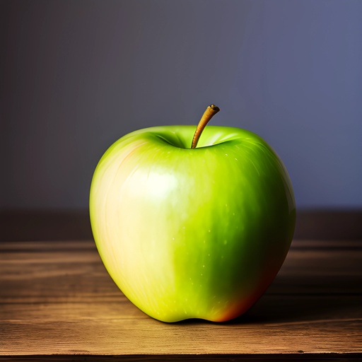 a green apple sitting on a wooden table