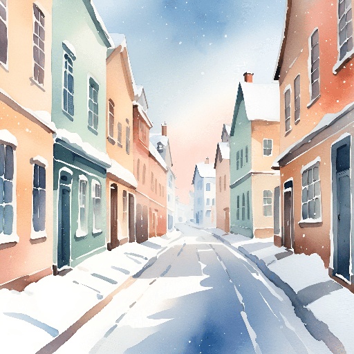 a painting of a snowy street with buildings and a clock