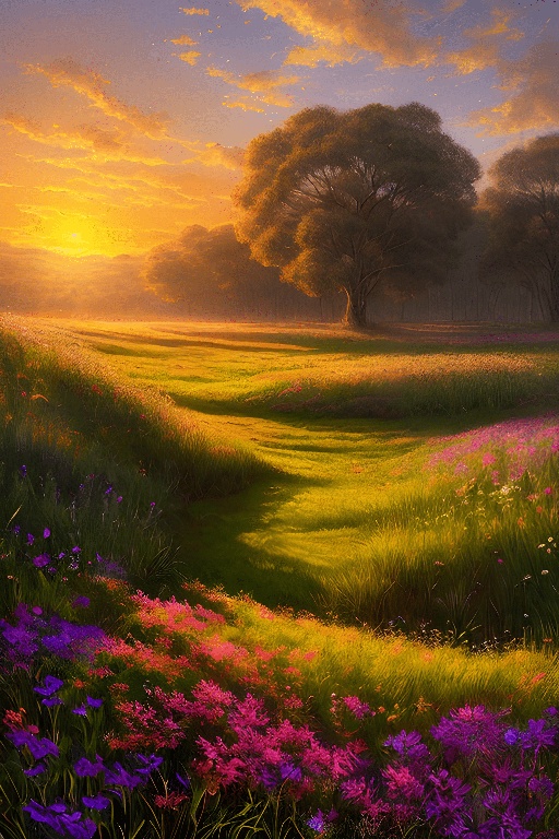 painting of a field with flowers and trees at sunset