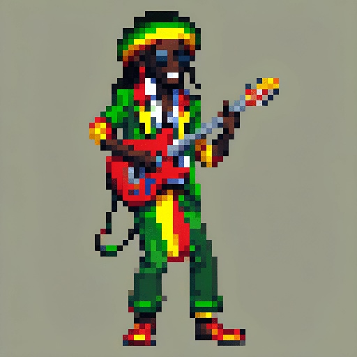 pixel art of a man with a guitar and a hat