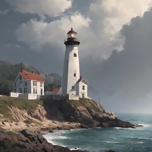 painting of a lighthouse on a rocky coast with a cloudy sky