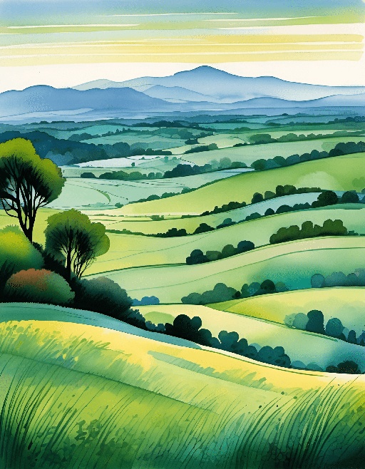 a painting of a green landscape with hills and trees
