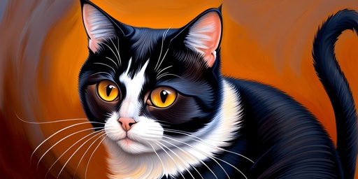 painting of a black and white cat with yellow eyes