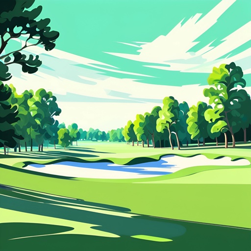 a painting of a golf course with a pond