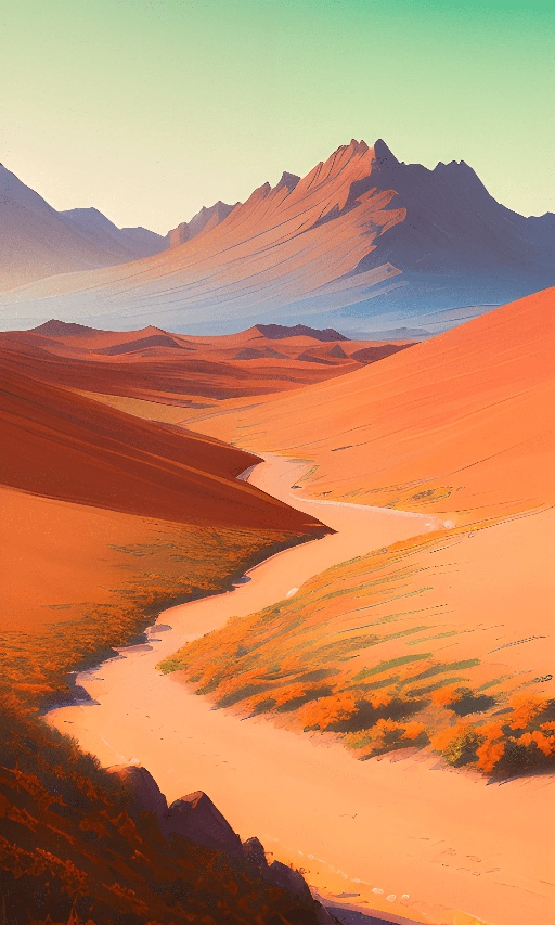 painting of a desert landscape with a river running through it