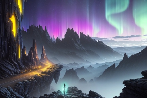 mountains with a person standing on a cliff looking at the aurora lights