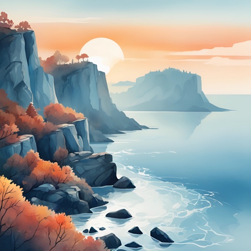a painting of a cliff overlooking the ocean at sunset
