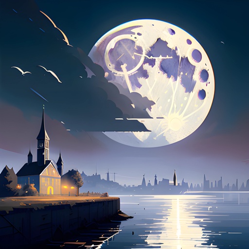 a painting of a full moon over a city