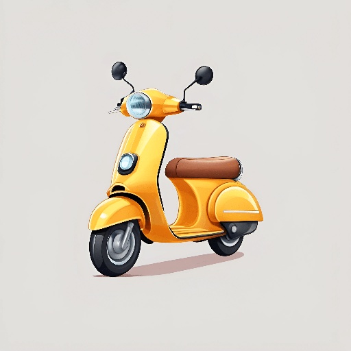 yellow scooter with brown seat and black wheels on light grey background