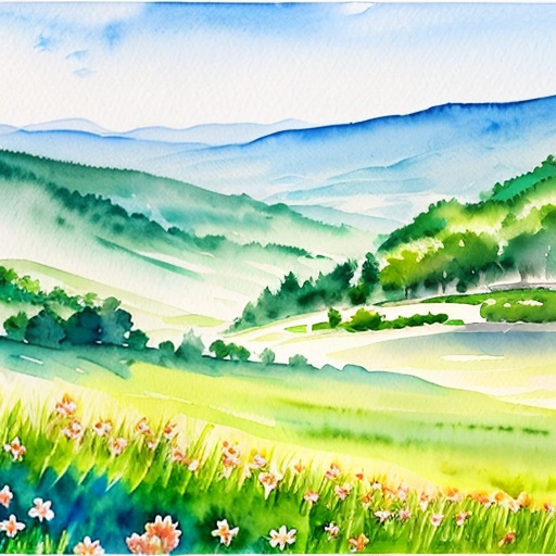 painting of a green valley with flowers and hills in the background