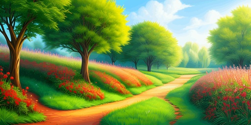 painting of a path through a field of flowers and trees