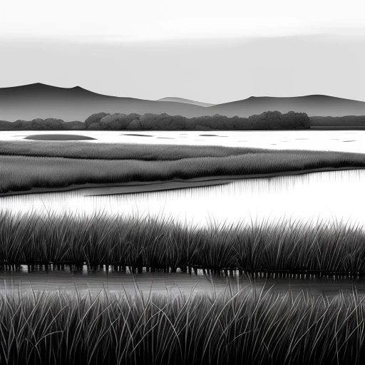 a black and white photo of a lake with grass and mountains in the background