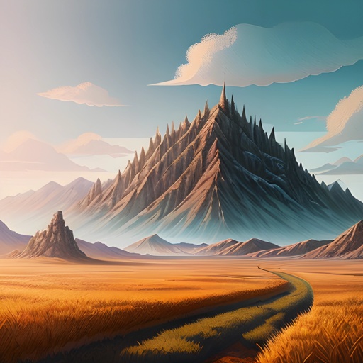 painting of a mountain with a road going through it