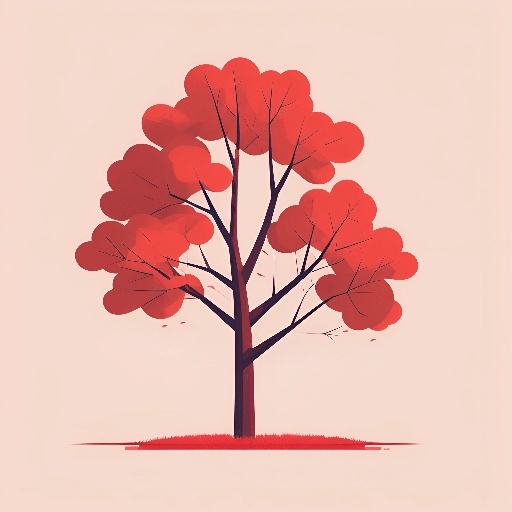 a red tree with leaves on it in the middle of a field