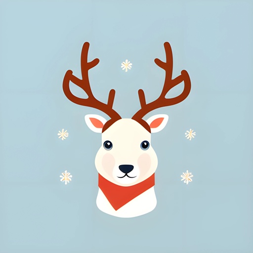 reindeer with red scarf and snowflakes on head on blue background