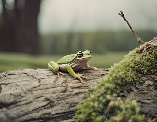 a frog that is sitting on a log in the woods